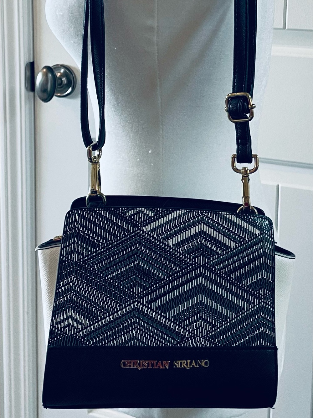 Christian Siriano Black and White Textured Geometric Crossbody Bag